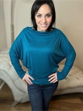 Medium Teal Ribbed Dolman Sleeve Top